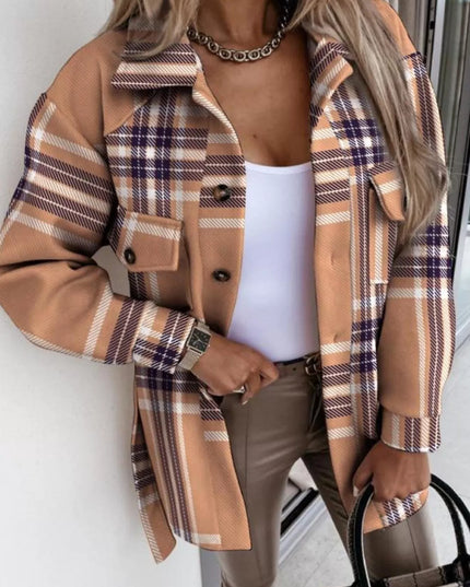 Button Up Long Sleeve Plaid Outerwear Khaki