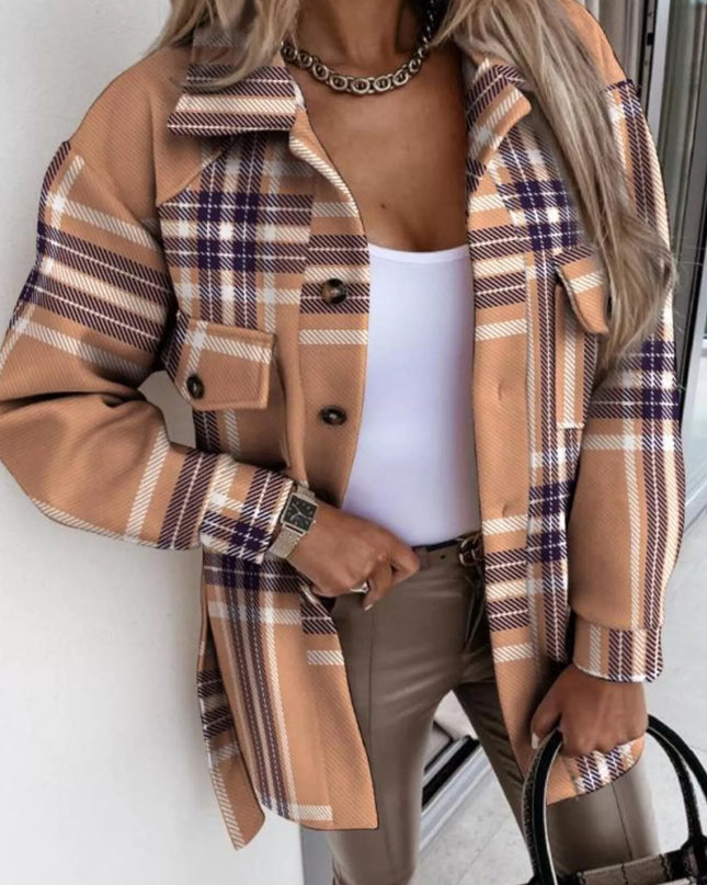 Button Up Long Sleeve Plaid Outerwear Khaki