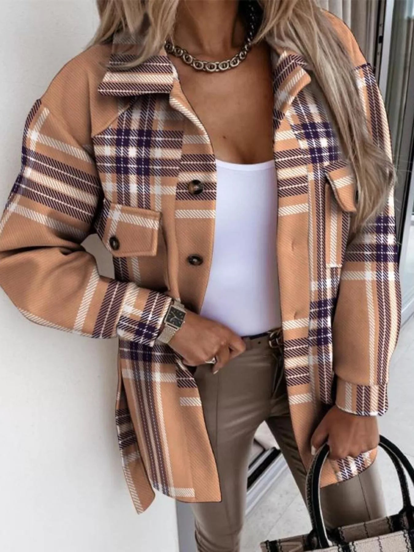 Button Up Long Sleeve Plaid Outerwear Khaki