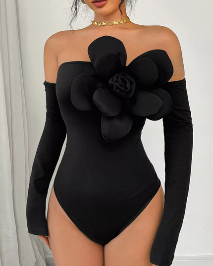 Flower Off-Shoulder Long Sleeve Bodysuit Black