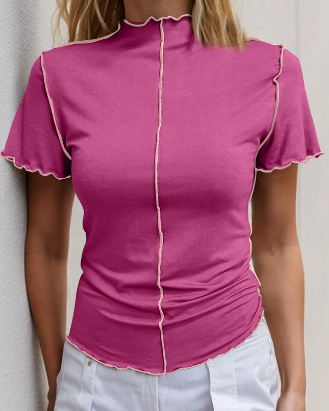Basic Bae Contrast Trim Mock Neck Short Sleeve T-Shirt Hot Pink