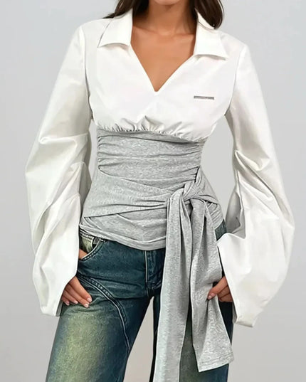 Long Sleeve Tie Front Blouse 
