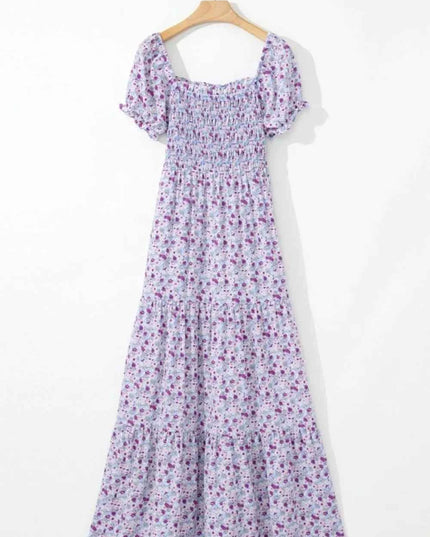 Tiered Floral Shirred High Waist Maxi Dress