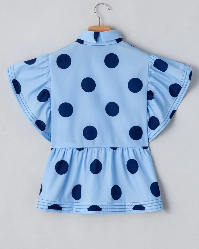Polka Dot Print Ruffled Short Sleeve Buttoned Collared Blouse