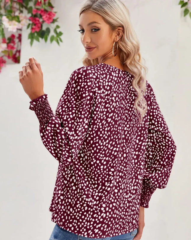 Printed V-Neck Lantern Sleeve Blouse