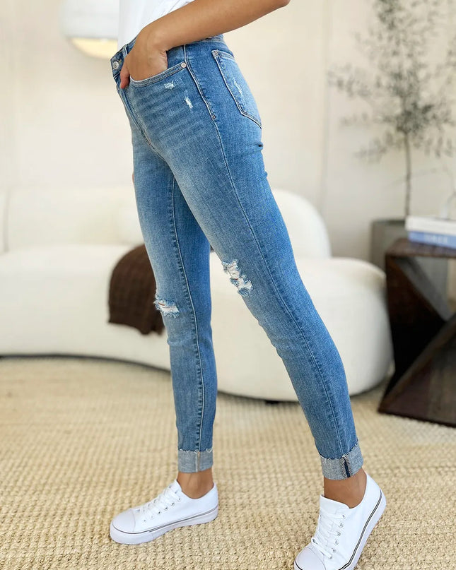 Judy Blue Full Size Mid Rise Destroy & Cuff Skinny Jeans
