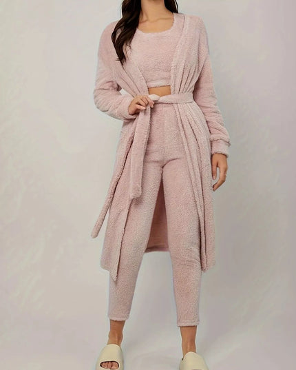 Fuzzy Tank Long Sleeve Cardigan and Pants 3-Piece Lounge Set