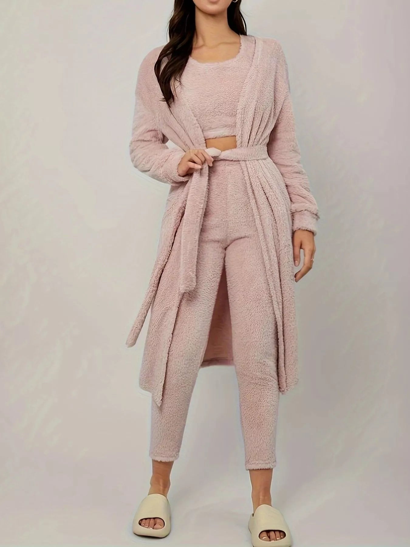 Fuzzy Tank Long Sleeve Cardigan and Pants 3-Piece Lounge Set