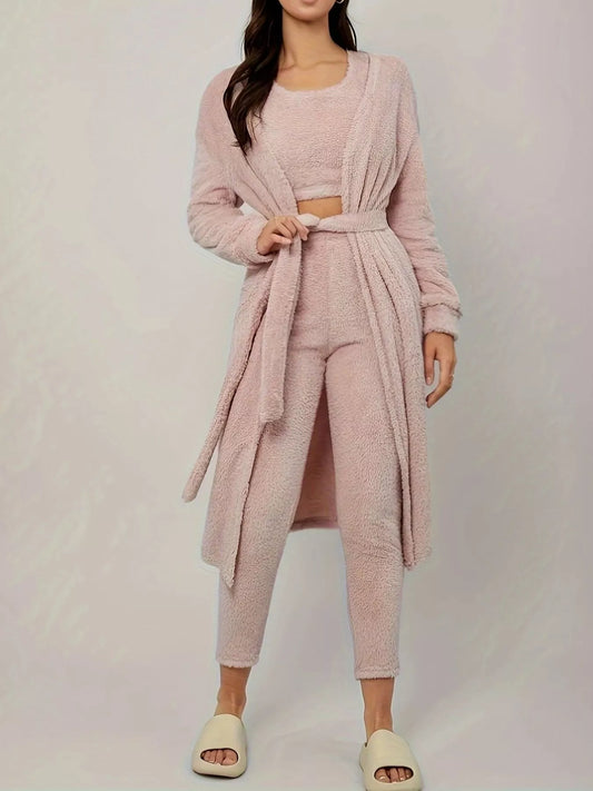 Fuzzy Tank Long Sleeve Cardigan and Pants 3-Piece Lounge Set