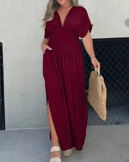 Full Size Deep V-Neck Maxi Dress with Side Slit Plus Size Burgundy