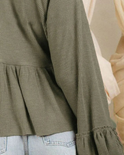 Notched Balloon Sleeve Peplum Blouse