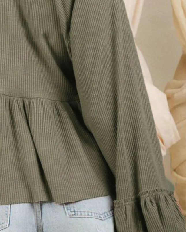 Notched Balloon Sleeve Peplum Blouse