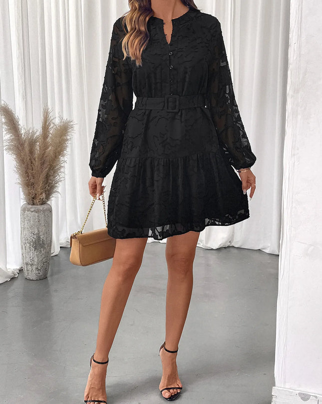 Button-Front Balloon Sleeve Mini Dress