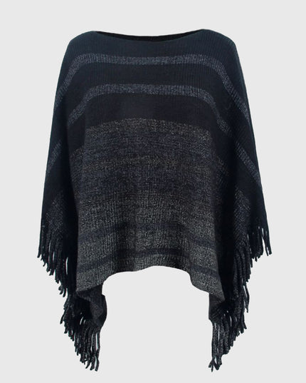 Striped Boat Neck Poncho with Fringes Black One Size