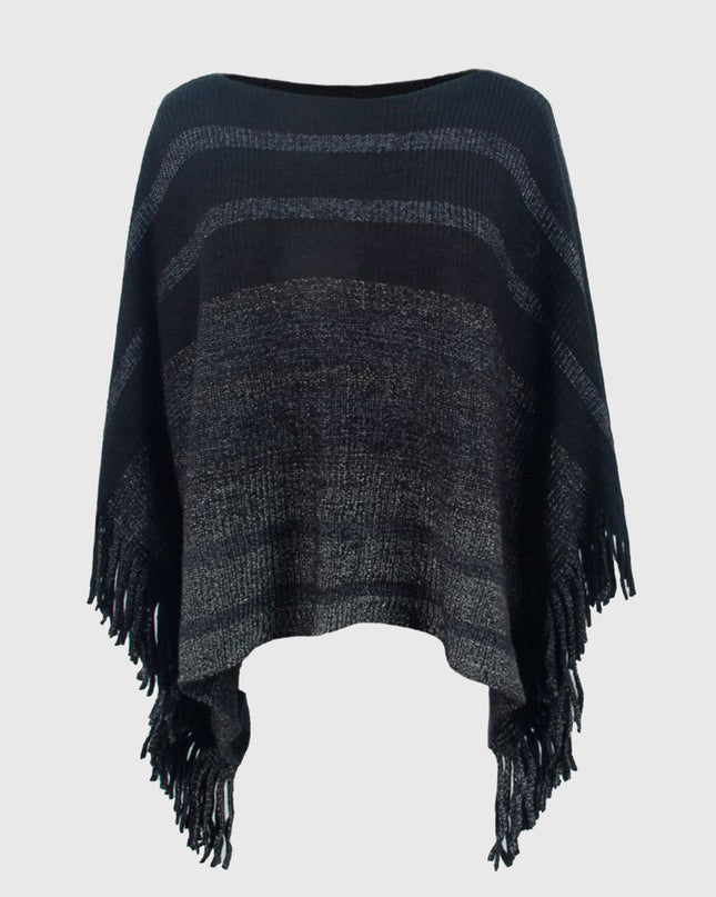 Striped Boat Neck Poncho with Fringes Black One Size