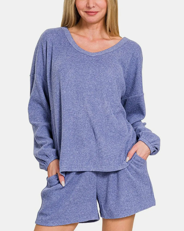 Zenana V-Neck Long Sleeve Ribbed Top and Shorts Set Blue Purple