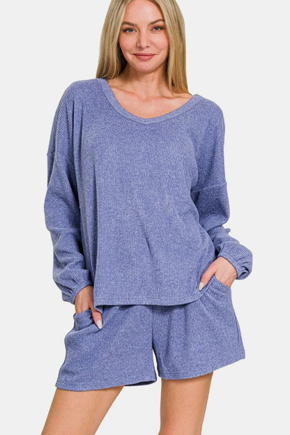 Zenana V-Neck Long Sleeve Ribbed Top and Shorts Set Blue Purple