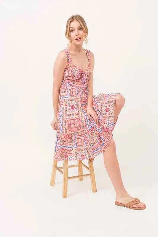 And The Why Tied Front Smocked Back Tiered Boho Printed Dress