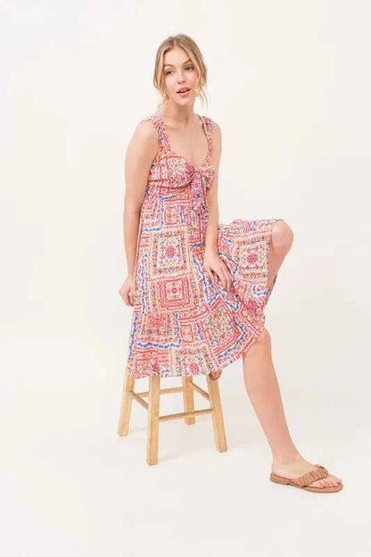 And The Why Tied Front Smocked Back Tiered Boho Printed Dress