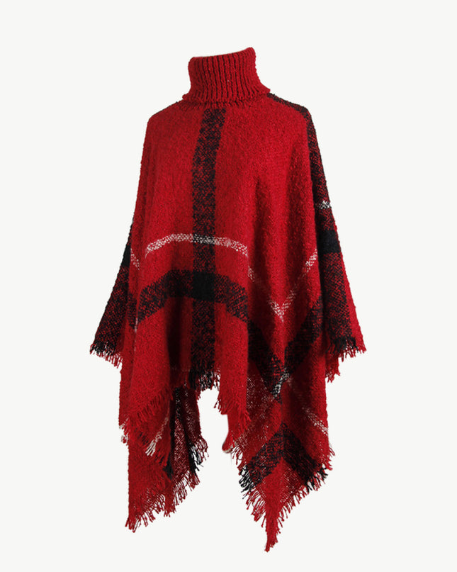 Plaid Turtleneck Raw Hem Poncho