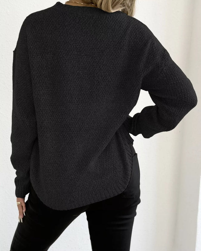 Textured Knit Relaxed Fit Round Neck Sweater