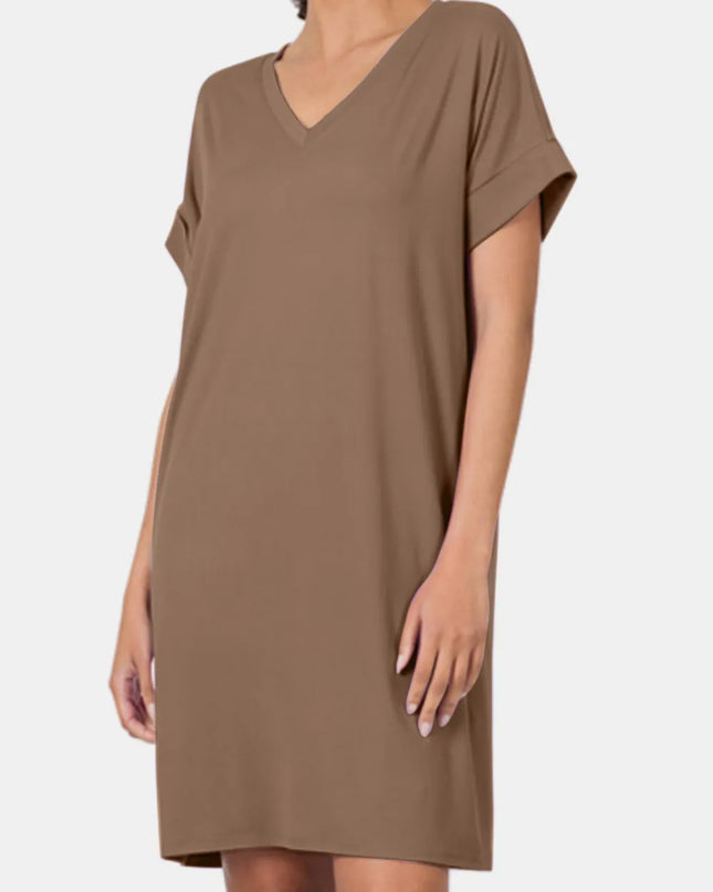 Zenana Rolled Short Sleeve V-Neck Dress