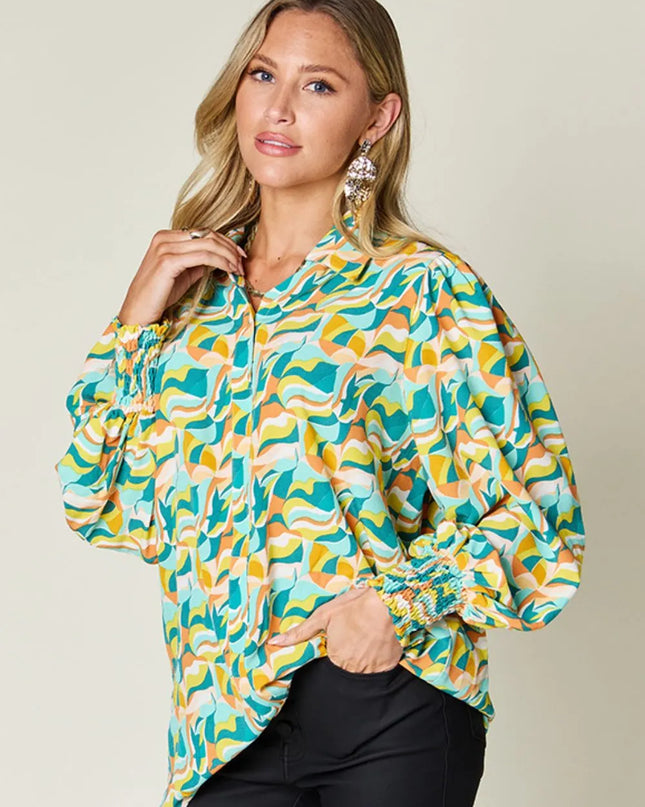 Double Take Full Size Printed Smocked Long Sleeve Blouse Turquoise