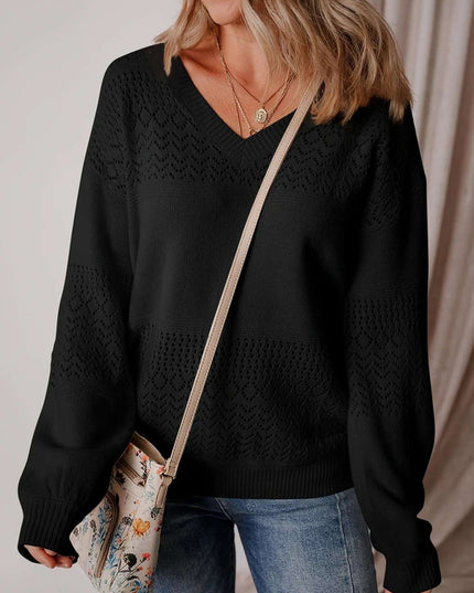 Eyelet Deatil V-Neck Long Sleeve Sweater