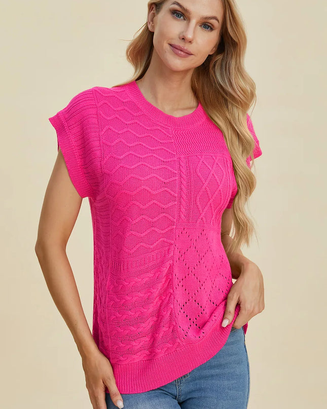 Double Take Full Size Cable-Knit Round Neck Cap Sleeve Sweater Hot Pink