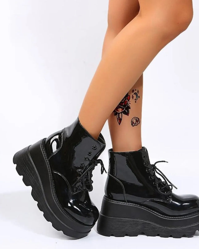 Lace Up Platform Wedge Boots Black Gloss