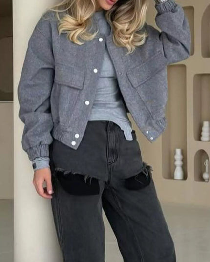 Casual Cropped Snap-Down Jacket