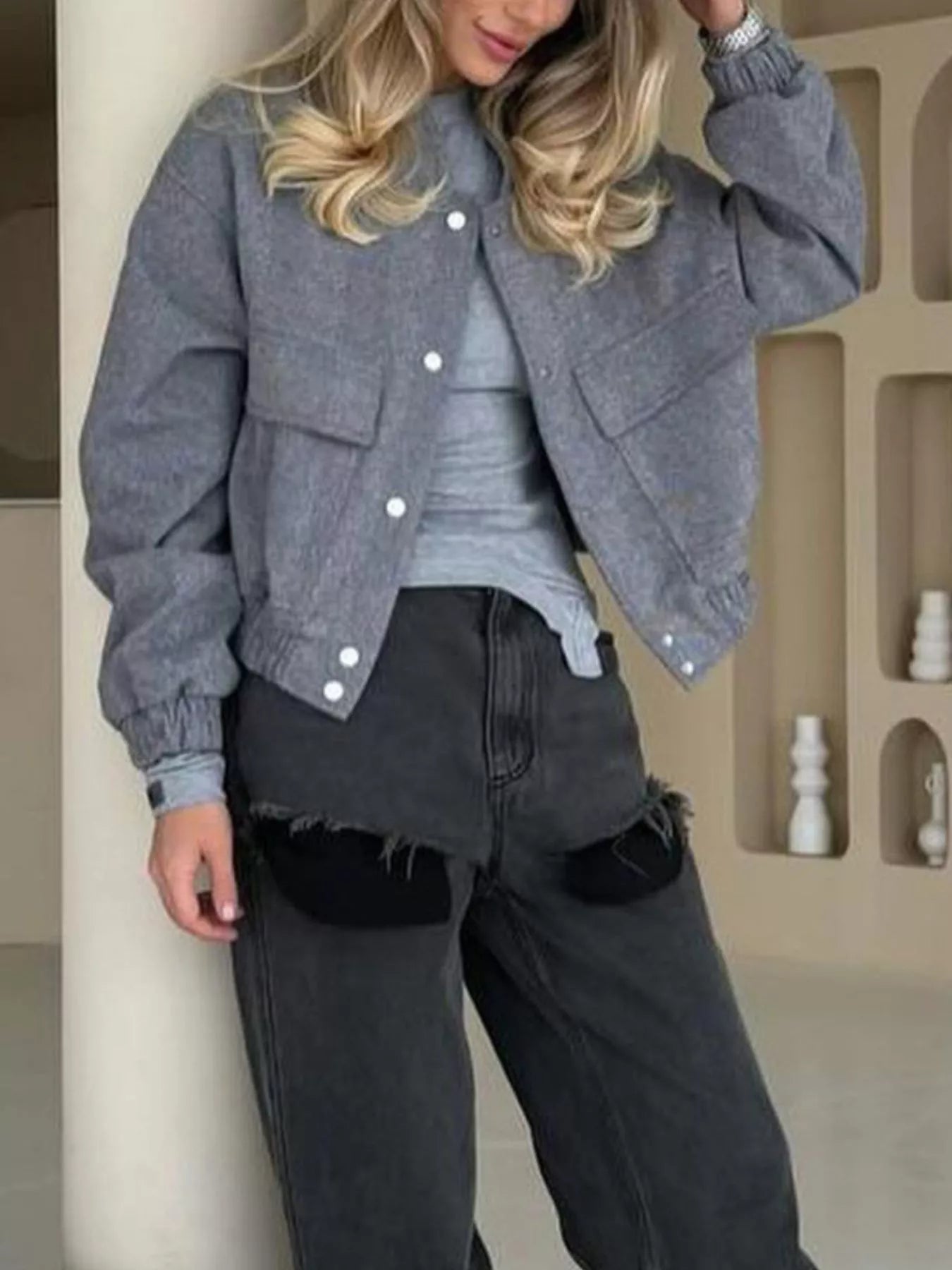 Casual Cropped Snap-Down Jacket