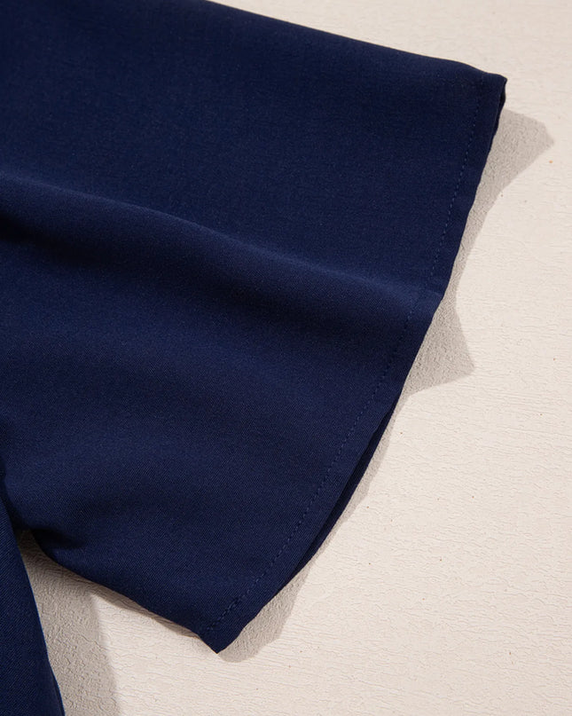 V Neck Buttoned Front Shirred Back Short Sleeve Midi Dress