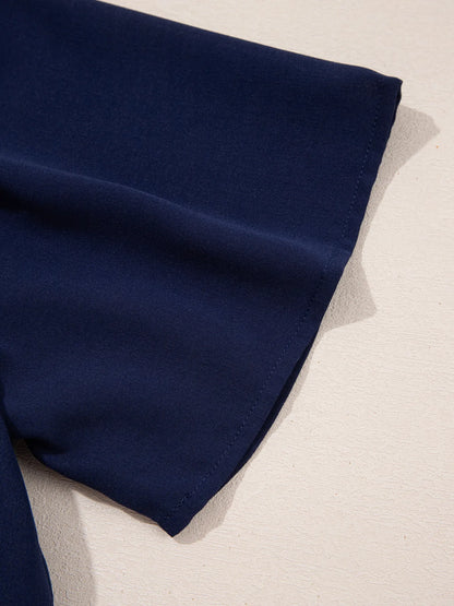 V Neck Buttoned Front Shirred Back Short Sleeve Midi Dress