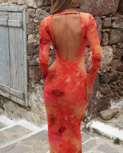 Tie-Dye Long Sleeve Maxi Bodycon Dress