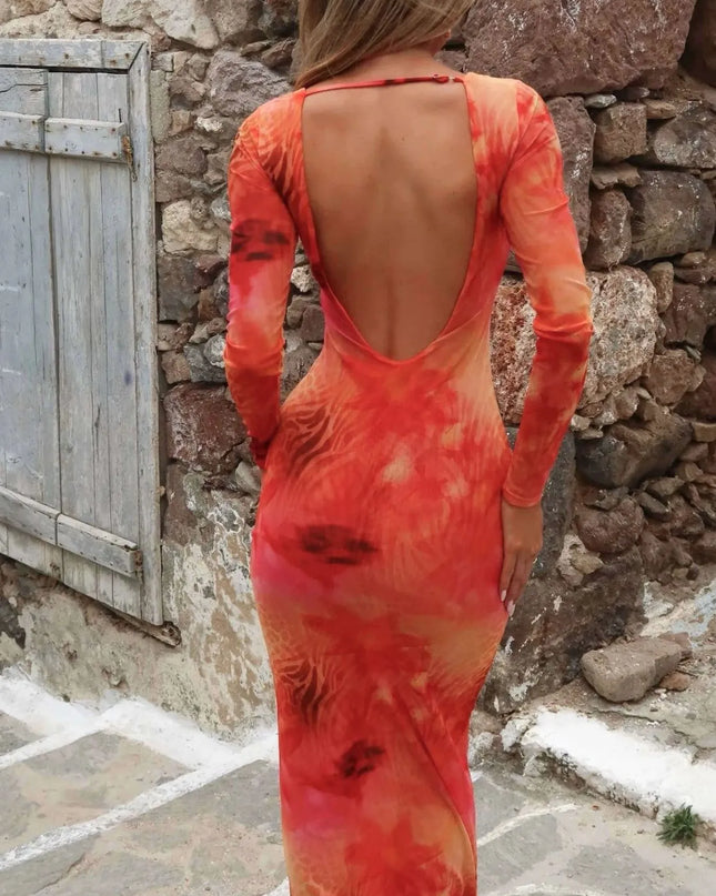 Tie-Dye Long Sleeve Maxi Bodycon Dress