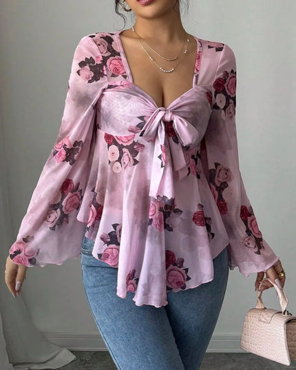 Floral Tie Front Flare Sleeve Blouse