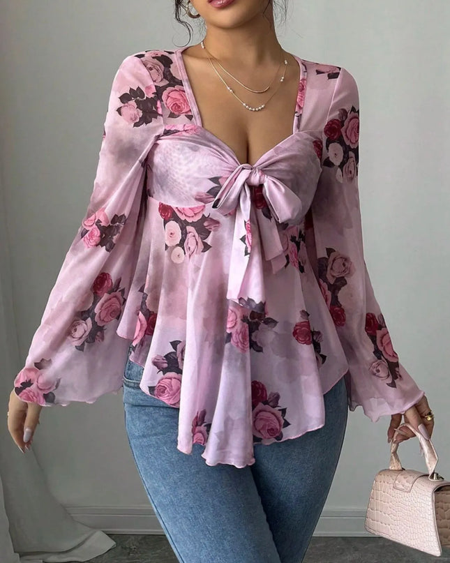 Floral Tie Front Flare Sleeve Blouse