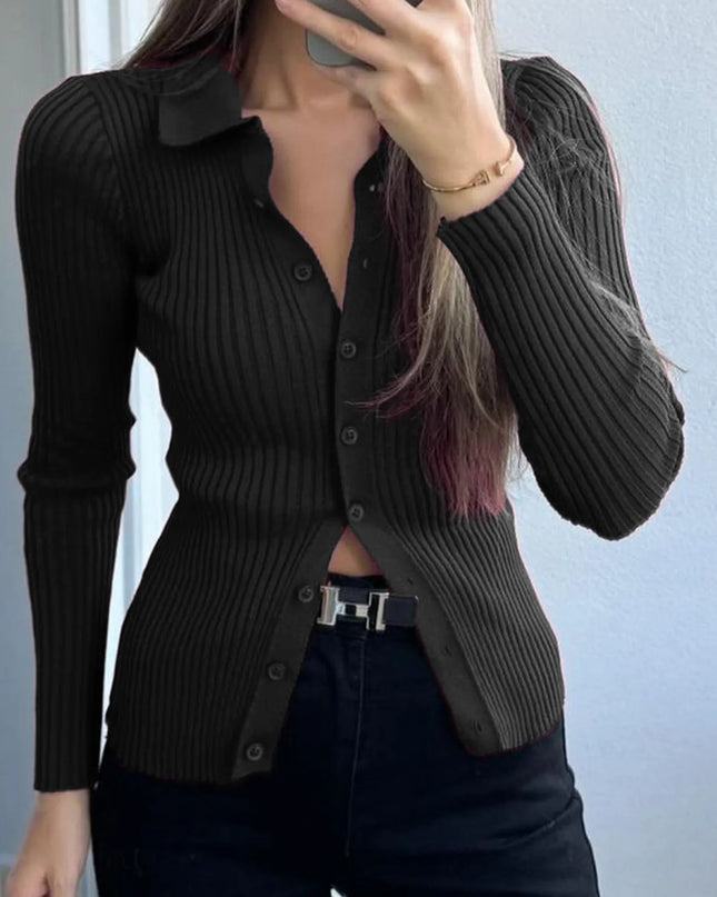 Ribbed Button-Front Long Sleeve Cardigan