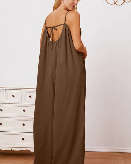 Double Take Full Size Ruffle Trim Tie Back Cami Jumpsuit with Pockets