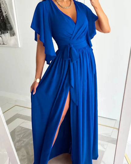 Flutter Sleeve Surplice Tie Waist Dress Blue