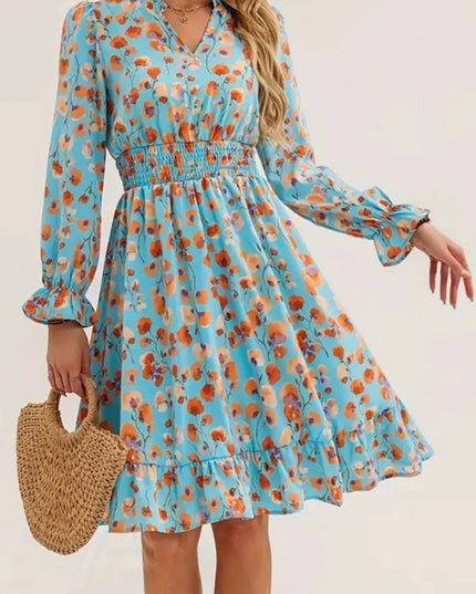 Floral Print Flounce Sleeve Ruffle Hem Dress