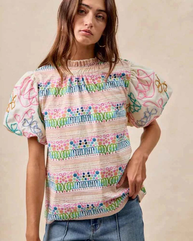 BiBi Ruffle Neckline Blouse With Embroidery Bubble Sleeve