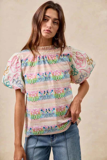 BiBi Ruffle Neckline Blouse With Embroidery Bubble Sleeve