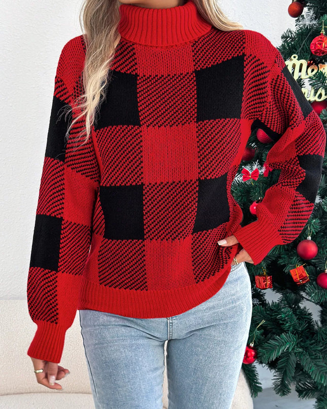 Christmas Plaid Long Sleeve Turtleneck Sweater Red