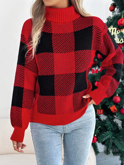 Christmas Plaid Long Sleeve Turtleneck Sweater Red