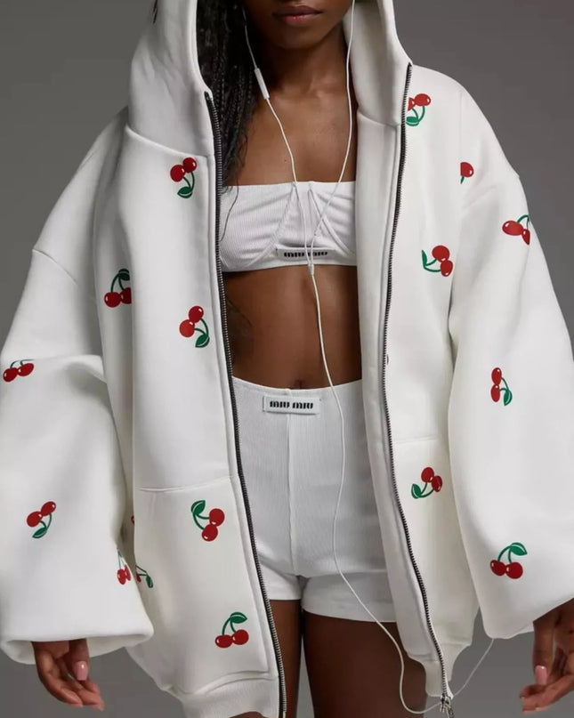 Cherry Print Oversized Zip-Up Hoodie