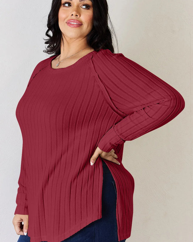 Basic Bae Full Size Ribbed Round Neck Slit T-Shirt