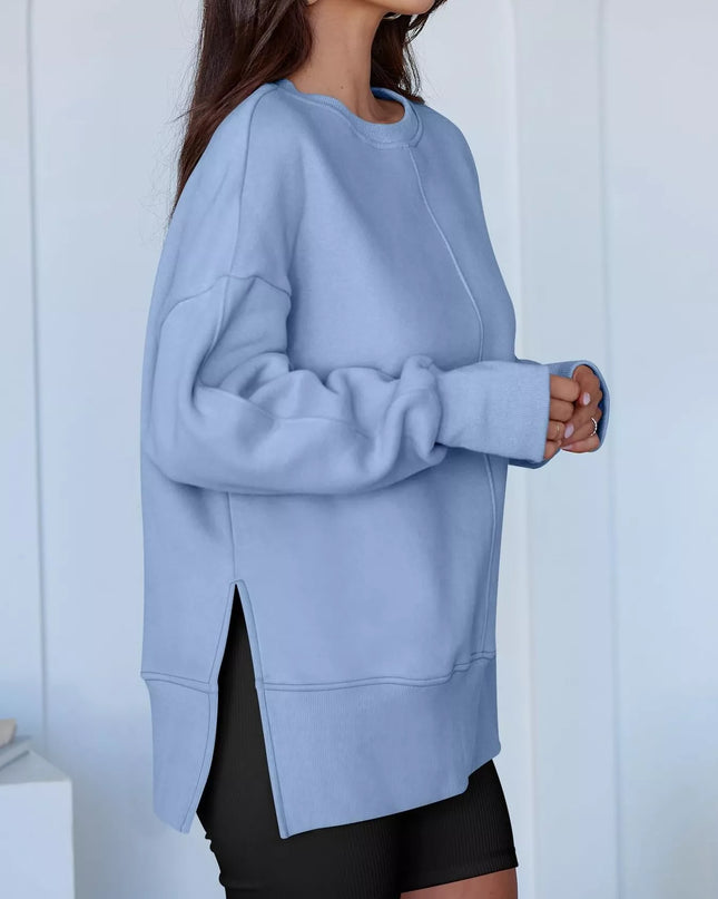 Side Slit Round Neck Long Sleeve Sweatshirt