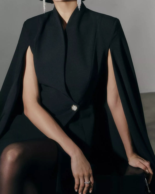 One Button Fitted Mini Blazer Dress with Cape Sleeves